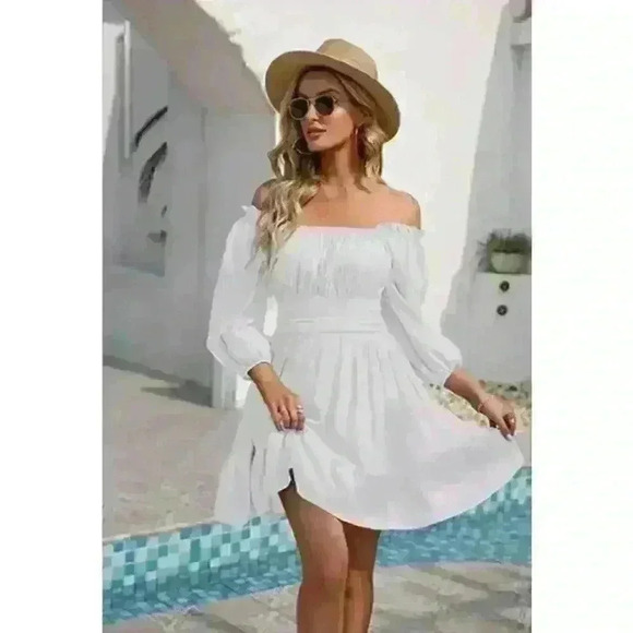 Zaful Square Neck Off the Shoulder Lantern Sleeve Tie Back Dress NWT Size 6 - Picture 1 of 14